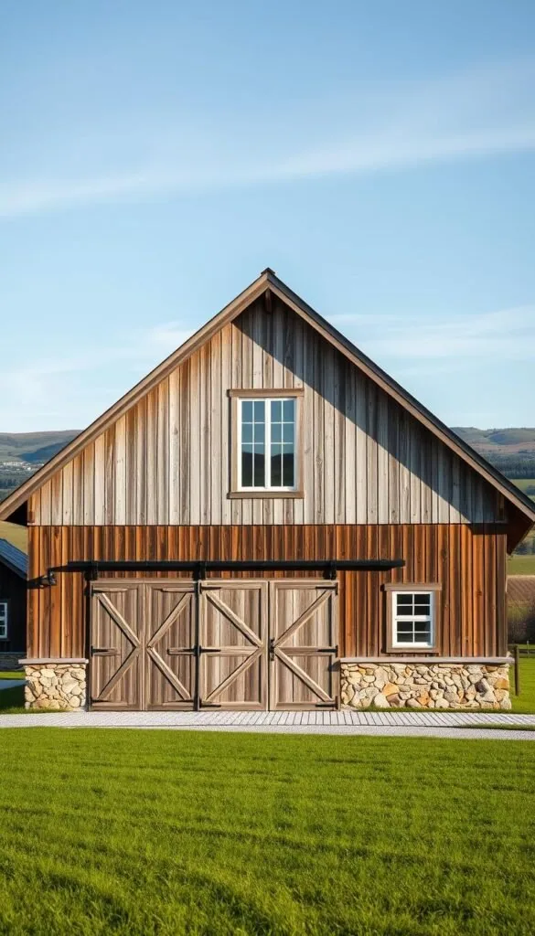 A well-lit, high-resolution image of a classic Scandinavian barn house showcasing its essential architectural elements. The foreground features the barn's distinctive gabled roof, weathered wooden siding, and large entry doors. The middle ground highlights the symmetrical window placement, minimalist trim, and subtle stone accents. The background subtly blends a pastoral landscape with rolling hills, lush greenery, and a clear sky. The overall scene conveys a sense of timeless, rural elegance with a modern, minimalist sensibility. A well-lit, high-resolution image of a classic Scandinavian barn house showcasing its essential architectural elements. The foreground features the barn's distinctive gabled roof, weathered wooden siding, and large entry doors. The middle ground highlights the symmetrical window placement, minimalist trim, and subtle stone accents. The background subtly blends a pastoral landscape with rolling hills, lush greenery, and a clear sky. The overall scene conveys a sense of timeless, rural elegance with a modern, minimalist sensibility.