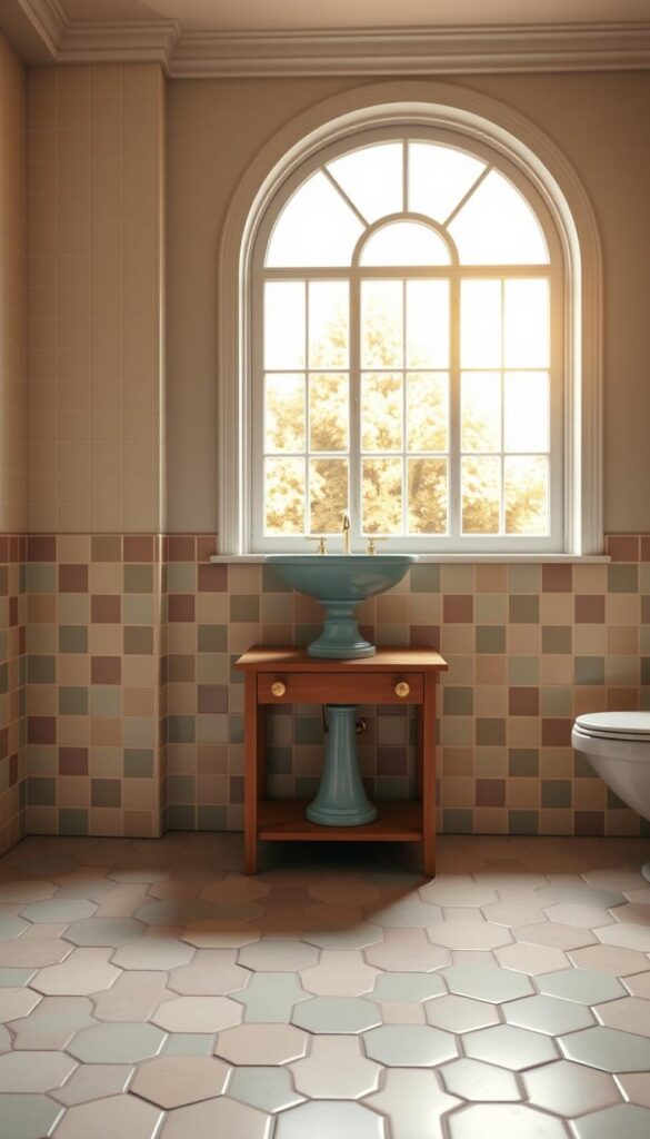 A well-lit, high-resolution image of a vintage bathroom setting showcasing a harmonious color palette. The foreground features classic ceramic tiles in muted shades of mint green, dusty rose, and soft yellow, arranged in a timeless hexagonal pattern. In the middle ground, a porcelain pedestal sink in a complementary pale blue hue stands atop a wooden vanity with brass hardware. The background depicts a large, arched window that bathes the scene in warm, natural light, casting a soft, golden glow over the space. The overall atmosphere evokes a sense of timeless elegance and a bygone era.