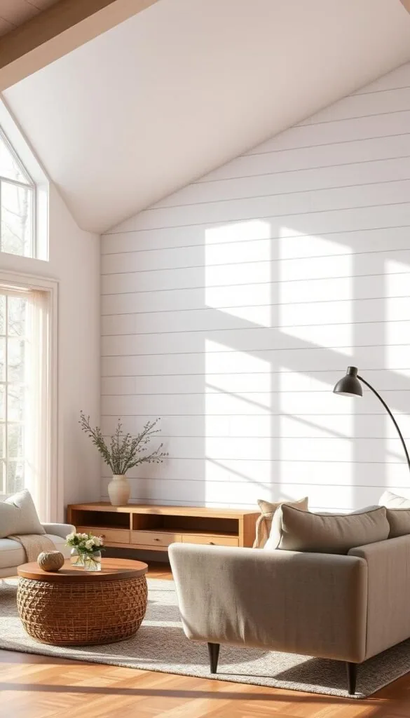 A well-lit, high-resolution interior scene of a modern farmhouse living room. The focal point is a textured shiplap wall treatment in a soft white hue, creating a warm and rustic ambiance. The shiplap panels are precisely arranged, casting gentle shadows that add depth and visual interest. The lighting is a combination of natural sunlight filtering through large windows and subtle overhead fixtures, illuminating the room with a soft, even glow. The camera angle captures the shiplap wall in a slightly angled perspective, showcasing its architectural details and seamlessly integrating it into the overall living space design.