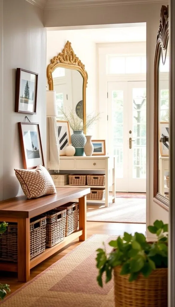 A well-lit, inviting entryway filled with practical storage solutions for a summer home. In the foreground, a wooden bench with woven storage baskets underneath, perfect for stashing seasonal items. Behind it, a mid-century modern console table displays decorative vases and framed nature photos, casting a warm, natural glow. The background features a light-colored shoe rack and a large, ornate mirror reflecting the sunlight streaming through the entryway's wide windows. The overall atmosphere is one of effortless organization and a harmonious blend of texture and natural tones.