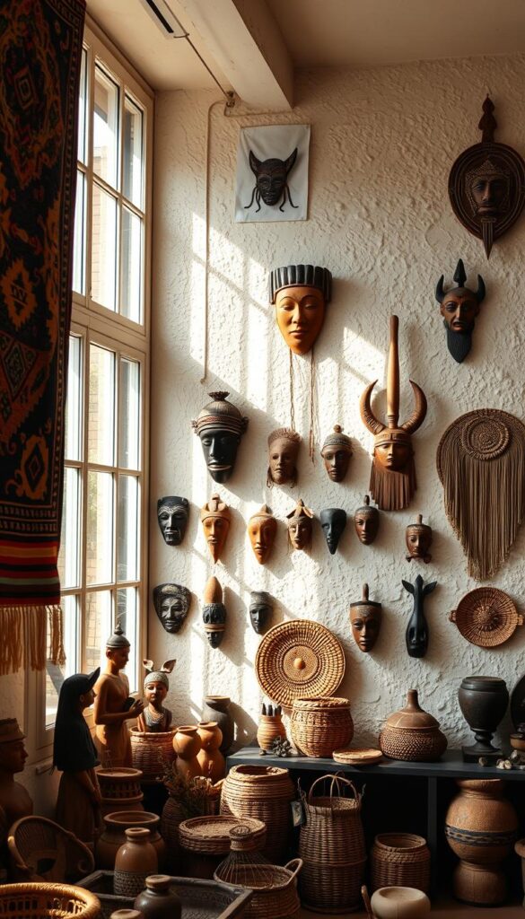 A well-lit, meticulously detailed interior scene showcasing a wall adorned with vibrant ethnic artwork. In the foreground, a hand-woven tapestry hangs, its intricate patterns and rich colors illuminated by soft, natural lighting filtering in through large windows. Midground features an assortment of carved wooden masks, ceramic figurines, and woven baskets, each item reflecting the unique cultural heritage of the space. The background depicts a textured plaster wall, its neutral tones providing a perfect backdrop to highlight the layers of ethnic decor. The overall mood is one of reverence and preservation, inviting the viewer to closely examine the curated display of timeless cultural artifacts. A well-lit, meticulously detailed interior scene showcasing a wall adorned with vibrant ethnic artwork. In the foreground, a hand-woven tapestry hangs, its intricate patterns and rich colors illuminated by soft, natural lighting filtering in through large windows. Midground features an assortment of carved wooden masks, ceramic figurines, and woven baskets, each item reflecting the unique cultural heritage of the space. The background depicts a textured plaster wall, its neutral tones providing a perfect backdrop to highlight the layers of ethnic decor. The overall mood is one of reverence and preservation, inviting the viewer to closely examine the curated display of timeless cultural artifacts.