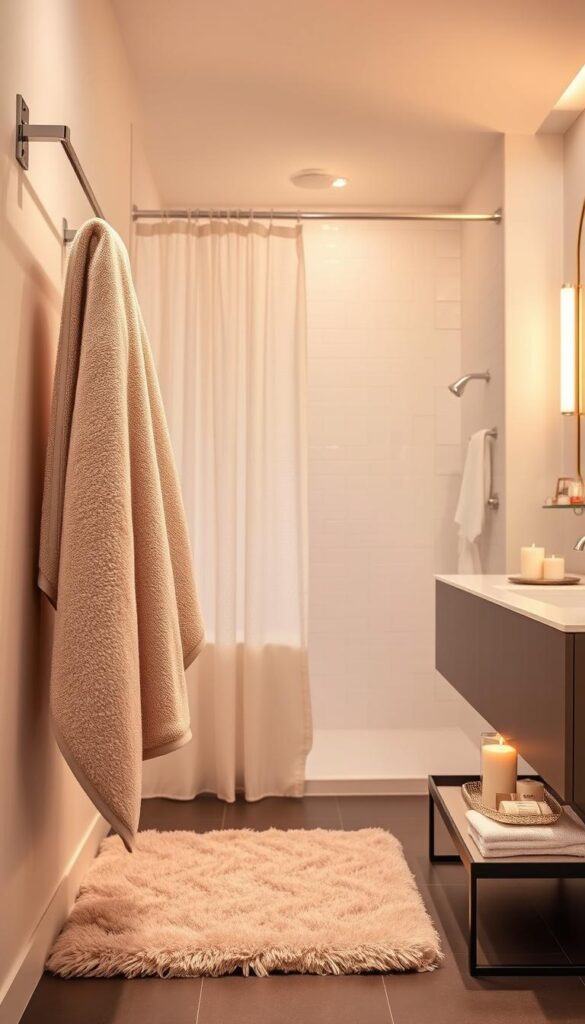 A well-lit, modern bathroom interior with an assortment of high-quality bathroom textiles. In the foreground, a plush, oversized bath towel in a soft, neutral hue hangs neatly on a modern towel rack. Beside it, a fluffy bathmat in a complementary color adds a cozy touch. In the middle ground, a sheer, billowing shower curtain in a subtle, patterned fabric frames the large, tiled shower enclosure. The background features a sleek vanity with neatly folded hand towels, a luxurious bathrobe, and a decorative tray holding scented candles and artisanal soap bars. Warm, indirect lighting creates a calming, spa-like ambiance, and the overall scene exudes a sense of comfort, organization, and refined style.