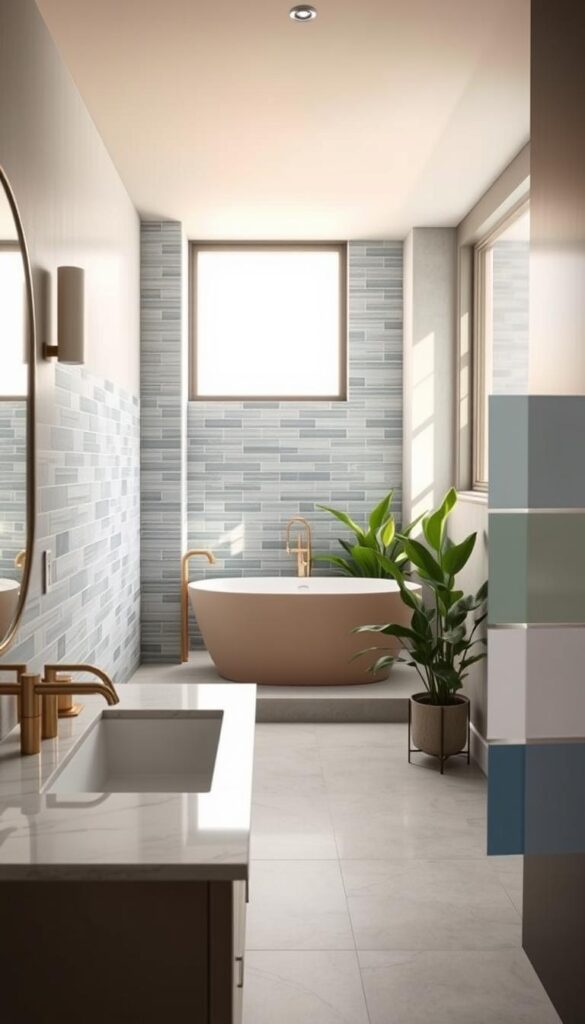 A well-lit, modern bathroom with various color schemes showcased. In the foreground, a sleek vanity with a marble countertop and brass fixtures. Behind it, a wall with a striking tile pattern in complementary shades of blue and gray. To the side, a large window floods the room with natural light, casting a warm glow. In the middle ground, a freestanding bathtub in a neutral hue is surrounded by lush indoor plants. The background features a minimalist, spa-like atmosphere with a muted color palette that enhances the sense of tranquility. The overall composition highlights how thoughtful color choices can transform a bathroom into a serene, harmonious space.