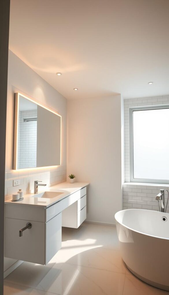 A well-lit modern small bathroom interior with minimalist design. Bright, soft, even lighting from recessed ceiling fixtures and a large wall-mounted vanity mirror with integrated lighting. Warm-toned LED lighting casts a gentle glow, creating a spa-like ambiance. Smooth, clean-lined countertops, white subway tile walls, and a large window allowing natural daylight to stream in. Sleek metal fixtures, simple white cabinetry, and a modern freestanding tub complete the contemporary aesthetic. Subtle shadows and highlights accentuate the room's geometry and textures. A well-lit modern small bathroom interior with minimalist design. Bright, soft, even lighting from recessed ceiling fixtures and a large wall-mounted vanity mirror with integrated lighting. Warm-toned LED lighting casts a gentle glow, creating a spa-like ambiance. Smooth, clean-lined countertops, white subway tile walls, and a large window allowing natural daylight to stream in. Sleek metal fixtures, simple white cabinetry, and a modern freestanding tub complete the contemporary aesthetic. Subtle shadows and highlights accentuate the room's geometry and textures.