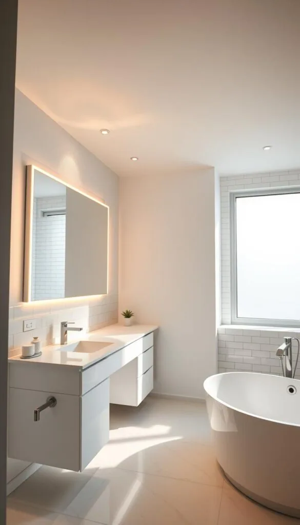 A well-lit modern small bathroom interior with minimalist design. Bright, soft, even lighting from recessed ceiling fixtures and a large wall-mounted vanity mirror with integrated lighting. Warm-toned LED lighting casts a gentle glow, creating a spa-like ambiance. Smooth, clean-lined countertops, white subway tile walls, and a large window allowing natural daylight to stream in. Sleek metal fixtures, simple white cabinetry, and a modern freestanding tub complete the contemporary aesthetic. Subtle shadows and highlights accentuate the room's geometry and textures.