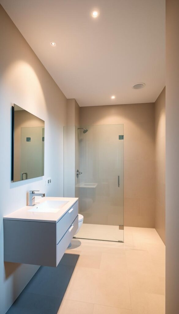 A well-lit, modern small bathroom with a sleek, minimalist design. The foreground features a floating vanity with a minimal sink and faucet, accompanied by a large rectangular mirror. The middle ground showcases a walk-in shower with a frameless glass enclosure, highlighting the spacious, open feel. The background includes a neutral-toned tile floor and walls, providing a clean and serene atmosphere. Indirect lighting fixtures cast a warm, inviting glow, creating a spa-like ambiance. The entire scene exudes a sense of sophistication and functionality, perfectly suited for a relaxing, rejuvenating bathroom experience. A well-lit, modern small bathroom with a sleek, minimalist design. The foreground features a floating vanity with a minimal sink and faucet, accompanied by a large rectangular mirror. The middle ground showcases a walk-in shower with a frameless glass enclosure, highlighting the spacious, open feel. The background includes a neutral-toned tile floor and walls, providing a clean and serene atmosphere. Indirect lighting fixtures cast a warm, inviting glow, creating a spa-like ambiance. The entire scene exudes a sense of sophistication and functionality, perfectly suited for a relaxing, rejuvenating bathroom experience.
