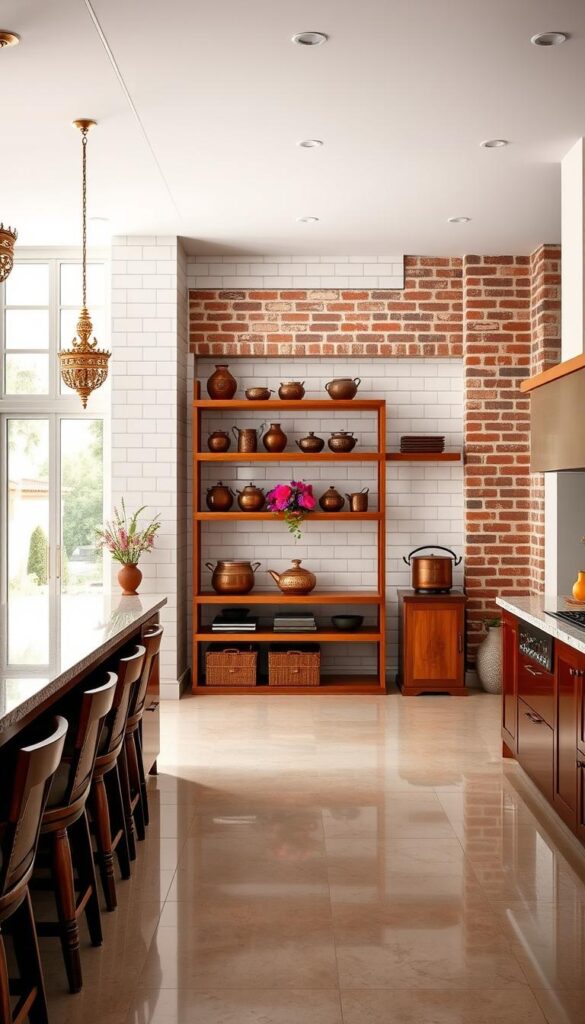 A well-lit, spacious Indian kitchen with a blend of modern and traditional elements. The foreground features a large central island with a granite countertop, complemented by intricate brass light fixtures and a row of wooden barstools. In the middle ground, traditional copper cookware and clay pots adorn a wooden shelving unit, while a vibrant floral arrangement adds a touch of color. The background showcases a combination of white tile walls and exposed brick, creating a warm and inviting atmosphere. Large windows allow ample natural light to flood the space, reflecting off the polished surfaces. The overall design strikes a harmonious balance between functionality and the rich cultural heritage of Indian home design.