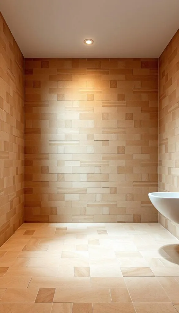 A well-lit, spacious bathroom with an array of high-quality ceramic tiles covering the walls and floor. The tiles feature a subtle, uniform pattern in a warm, earthy color palette, creating a classic and timeless aesthetic. The lighting is soft and diffused, gently illuminating the room and highlighting the textural details of the tiles. The camera angle captures the tiles from a mid-level perspective, showcasing their elegant and cohesive design. The overall atmosphere is one of comfort, cleanliness, and understated sophistication, perfectly suited for a relaxing and rejuvenating bathroom experience.