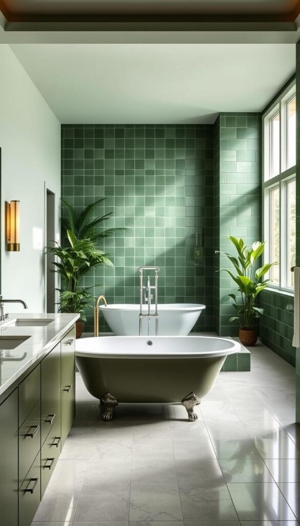 A well-lit, spacious bathroom with elegant green color schemes. The foreground features a large, modern vanity with a sleek marble countertop and minimalist fixtures. The middle ground showcases a deep, clawfoot bathtub surrounded by lush greenery, creating a serene, spa-like ambiance. The background reveals floor-to-ceiling windows that flood the space with natural light, highlighting the rich, earthy tones of the green tile walls. The overall composition conveys a sense of tranquility and sophistication, perfectly complementing the article's subject matter.