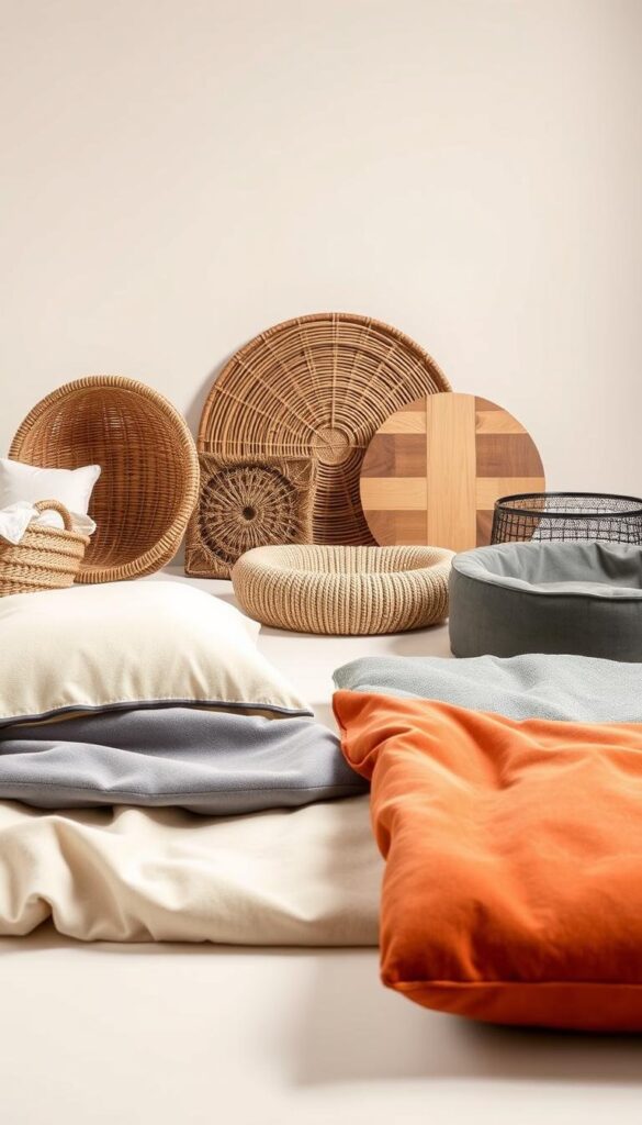 A well-lit studio setting showcasing an array of pet furniture materials. In the foreground, a selection of fabrics, including plush velvet, durable canvas, and soft microfiber, arranged neatly. In the middle ground, various textures like woven rattan, smooth wood, and sleek metal are displayed. The background features a neutral-toned backdrop, allowing the materials to take center stage. The lighting is soft and diffused, highlighting the unique qualities and visual appeal of each material. The overall composition conveys a sense of thoughtful curation, inviting the viewer to closely examine the different pet furniture options.