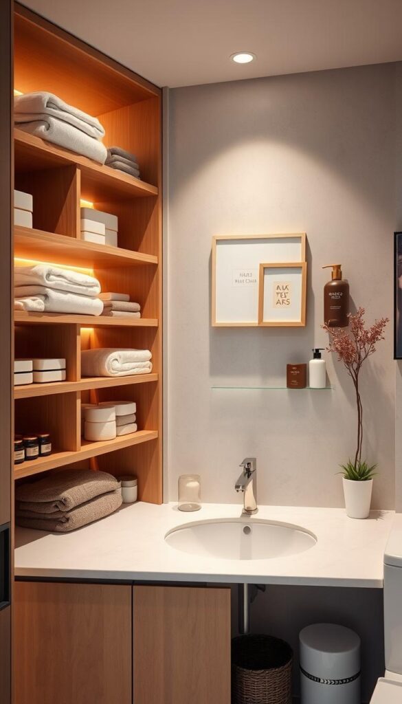 A well-organized and functional bathroom with ample storage, streamlined shelves, and neatly arranged toiletries. A soft, warm lighting illuminates the space, creating a serene and inviting atmosphere. Towels and other textiles are folded with precision, adding a touch of elegance. Minimalist decor, such as a potted plant or a simple piece of artwork, enhances the overall aesthetic. The layout is designed to maximize efficiency, with easy-to-access storage solutions and a clutter-free countertop. The image conveys a sense of order, tranquility, and a thoughtful approach to bathroom organization. A well-organized and functional bathroom with ample storage, streamlined shelves, and neatly arranged toiletries. A soft, warm lighting illuminates the space, creating a serene and inviting atmosphere. Towels and other textiles are folded with precision, adding a touch of elegance. Minimalist decor, such as a potted plant or a simple piece of artwork, enhances the overall aesthetic. The layout is designed to maximize efficiency, with easy-to-access storage solutions and a clutter-free countertop. The image conveys a sense of order, tranquility, and a thoughtful approach to bathroom organization.