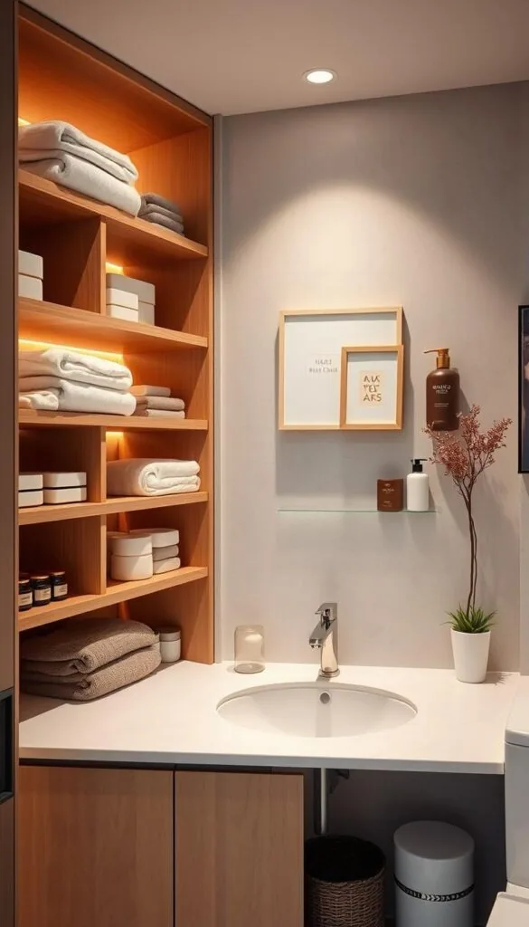 A well-organized and functional bathroom with ample storage, streamlined shelves, and neatly arranged toiletries. A soft, warm lighting illuminates the space, creating a serene and inviting atmosphere. Towels and other textiles are folded with precision, adding a touch of elegance. Minimalist decor, such as a potted plant or a simple piece of artwork, enhances the overall aesthetic. The layout is designed to maximize efficiency, with easy-to-access storage solutions and a clutter-free countertop. The image conveys a sense of order, tranquility, and a thoughtful approach to bathroom organization.