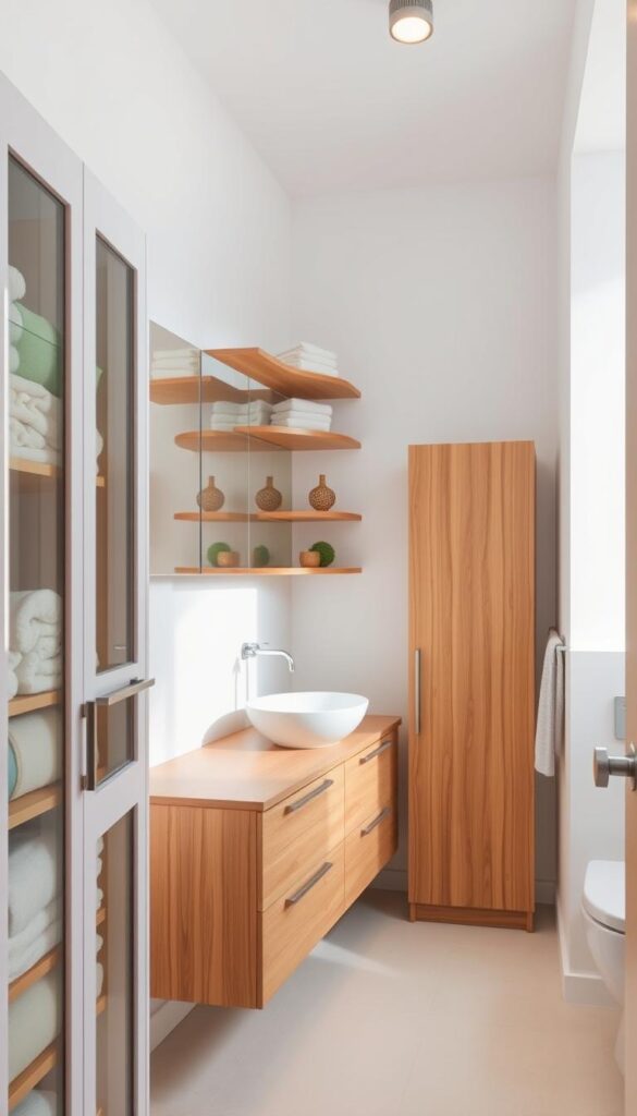 A well-organized and functional bathroom with innovative storage solutions. Bright, airy, and minimalist in design, showcasing a variety of practical storage options. In the foreground, a wall-mounted cabinet with glass doors, revealing neatly arranged toiletries and towels. In the middle ground, a wooden vanity with ample drawer space and a sleek vessel sink. Above, a large mirror with recessed lighting, flanked by wall-mounted shelves displaying decorative accents. In the background, a freestanding linen cabinet and a recessed niche, both optimizing the limited space. Soft, diffused lighting creates a calm, spa-like ambiance. Captured with a wide-angle lens to emphasize the efficient use of the compact bathroom layout. A well-organized and functional bathroom with innovative storage solutions. Bright, airy, and minimalist in design, showcasing a variety of practical storage options. In the foreground, a wall-mounted cabinet with glass doors, revealing neatly arranged toiletries and towels. In the middle ground, a wooden vanity with ample drawer space and a sleek vessel sink. Above, a large mirror with recessed lighting, flanked by wall-mounted shelves displaying decorative accents. In the background, a freestanding linen cabinet and a recessed niche, both optimizing the limited space. Soft, diffused lighting creates a calm, spa-like ambiance. Captured with a wide-angle lens to emphasize the efficient use of the compact bathroom layout.