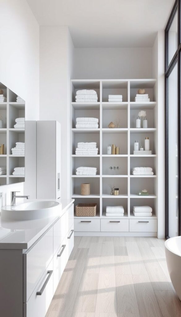 A well-organized bathroom storage system with sleek, modern shelves and cabinets in a bright, airy room. The foreground features a floating vanity with ample drawer space, complemented by a large mirror. In the middle ground, built-in shelves showcase neatly arranged towels, toiletries, and decorative accents. The background showcases large windows that flood the space with natural light, creating a serene and inviting atmosphere. The overall design reflects a minimalist, high-quality aesthetic that enhances the room's functionality and visual appeal. A well-organized bathroom storage system with sleek, modern shelves and cabinets in a bright, airy room. The foreground features a floating vanity with ample drawer space, complemented by a large mirror. In the middle ground, built-in shelves showcase neatly arranged towels, toiletries, and decorative accents. The background showcases large windows that flood the space with natural light, creating a serene and inviting atmosphere. The overall design reflects a minimalist, high-quality aesthetic that enhances the room's functionality and visual appeal.