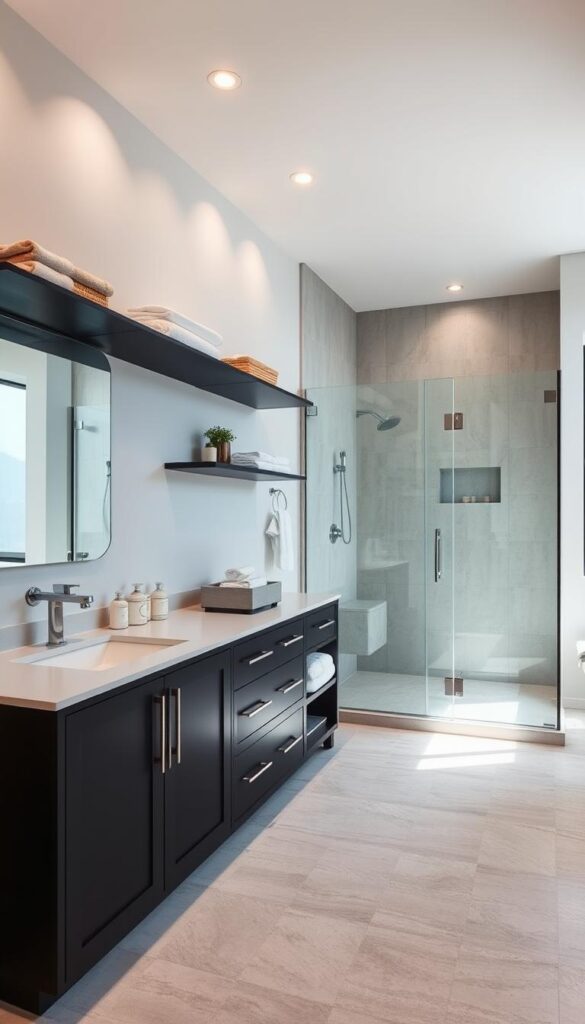 A well-organized bathroom with a sleek, minimalist aesthetic. A spacious vanity with ample storage space, featuring clean lines and a matte black finish. Shelves above the vanity hold neatly arranged towels, jars, and baskets. The large walk-in shower is adorned with gleaming chrome fixtures and a frameless glass enclosure. Recessed lighting casts a soft, warm glow throughout the space, creating a spa-like ambiance. The tile floor has a subtle, textured pattern that complements the overall design. The room is bathed in natural light streaming in through a large window, offering a serene and calming atmosphere. A well-organized bathroom with a sleek, minimalist aesthetic. A spacious vanity with ample storage space, featuring clean lines and a matte black finish. Shelves above the vanity hold neatly arranged towels, jars, and baskets. The large walk-in shower is adorned with gleaming chrome fixtures and a frameless glass enclosure. Recessed lighting casts a soft, warm glow throughout the space, creating a spa-like ambiance. The tile floor has a subtle, textured pattern that complements the overall design. The room is bathed in natural light streaming in through a large window, offering a serene and calming atmosphere.