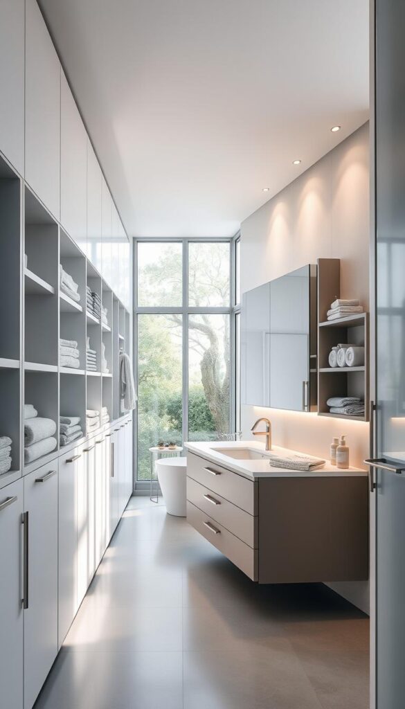 A well-organized bathroom with an abundance of storage solutions. In the foreground, a series of sleek, minimalist cabinets and shelves line the walls, providing ample space for neatly organized toiletries and linens. The middle ground features a stylish vanity with drawers and under-sink storage, complemented by a large, frameless mirror that enhances the sense of openness. Soft, diffused lighting from recessed fixtures casts a warm, inviting glow, while large windows in the background allow natural light to flood the space, creating a serene and spa-like atmosphere. A well-organized bathroom with an abundance of storage solutions. In the foreground, a series of sleek, minimalist cabinets and shelves line the walls, providing ample space for neatly organized toiletries and linens. The middle ground features a stylish vanity with drawers and under-sink storage, complemented by a large, frameless mirror that enhances the sense of openness. Soft, diffused lighting from recessed fixtures casts a warm, inviting glow, while large windows in the background allow natural light to flood the space, creating a serene and spa-like atmosphere.