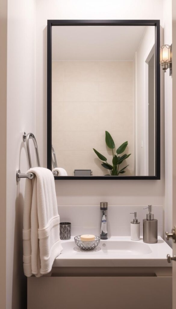 A well-organized small bathroom interior, with a variety of stylish accessories tastefully arranged. In the foreground, a sleek chrome towel bar, a decorative soap dish, and a coordinating toothbrush holder sit atop a minimalist vanity. In the middle ground, a large wall mirror reflects the space, surrounded by a modern, matte black frame. The background features a tiled wall in a soothing neutral tone, complemented by a potted plant and a decorative wall sconce providing soft, warm lighting. The overall atmosphere is one of understated elegance and attention to detail, creating a visually appealing and practical small bathroom space.