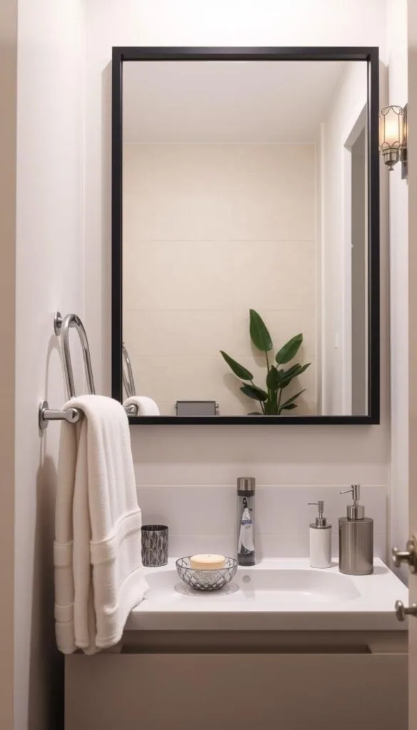 A well-organized small bathroom interior, with a variety of stylish accessories tastefully arranged. In the foreground, a sleek chrome towel bar, a decorative soap dish, and a coordinating toothbrush holder sit atop a minimalist vanity. In the middle ground, a large wall mirror reflects the space, surrounded by a modern, matte black frame. The background features a tiled wall in a soothing neutral tone, complemented by a potted plant and a decorative wall sconce providing soft, warm lighting. The overall atmosphere is one of understated elegance and attention to detail, creating a visually appealing and practical small bathroom space.