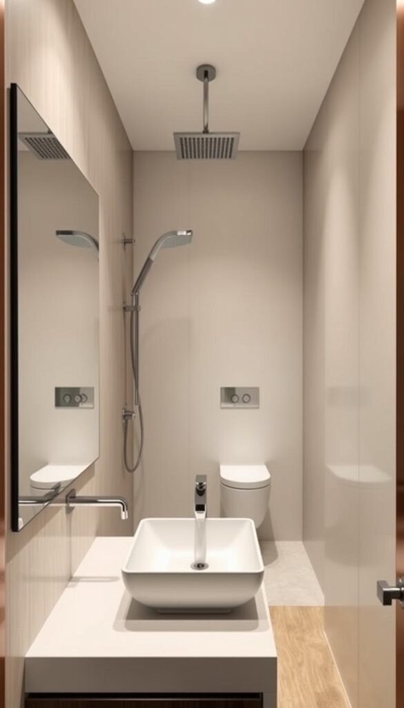 A well-organized small bathroom with an elegant and functional layout. In the foreground, a modern vanity with a sleek, minimalist design and a rectangular vessel sink. Overhead, a large, frameless mirror that creates the illusion of depth. In the middle ground, a corner-mounted rain shower head with subtle chrome accents, complementing the vanity. In the background, a floating wall-mounted toilet with a clean, contemporary silhouette. The lighting is soft and diffused, creating a calming ambiance. The color palette is muted, with a mix of neutral tones and natural textures, such as wood or stone, to enhance the sense of tranquility. The overall composition emphasizes efficient space utilization and a harmonious, spa-like atmosphere. A well-organized small bathroom with an elegant and functional layout. In the foreground, a modern vanity with a sleek, minimalist design and a rectangular vessel sink. Overhead, a large, frameless mirror that creates the illusion of depth. In the middle ground, a corner-mounted rain shower head with subtle chrome accents, complementing the vanity. In the background, a floating wall-mounted toilet with a clean, contemporary silhouette. The lighting is soft and diffused, creating a calming ambiance. The color palette is muted, with a mix of neutral tones and natural textures, such as wood or stone, to enhance the sense of tranquility. The overall composition emphasizes efficient space utilization and a harmonious, spa-like atmosphere.