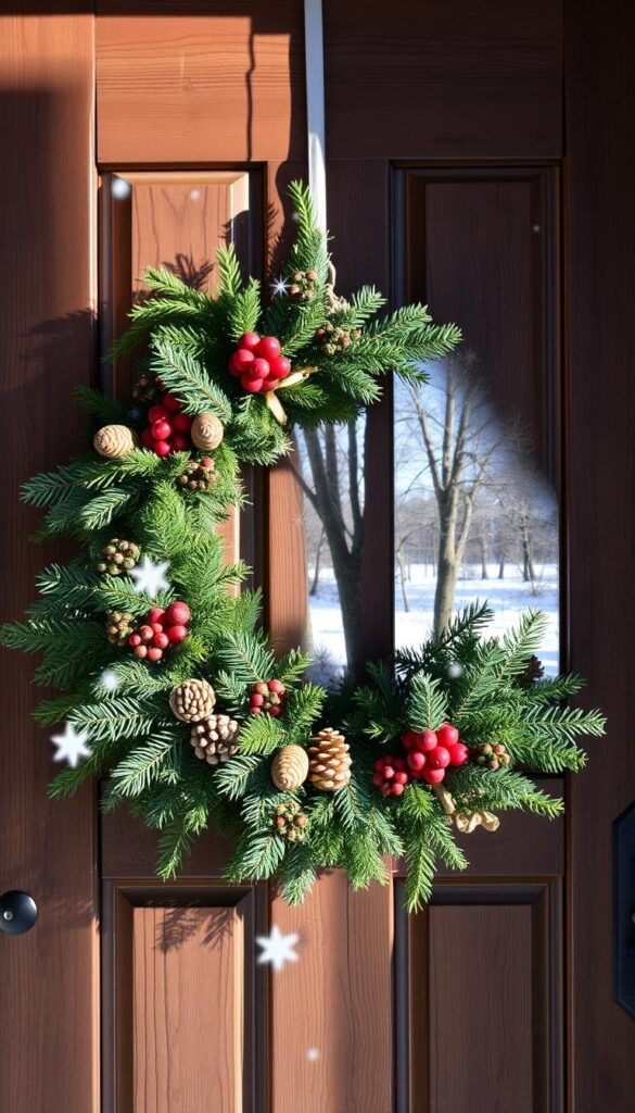 A whimsical and creative winter wreath adorns a rustic wooden door, bathed in soft natural light. In the foreground, various evergreen sprigs, berries, and pinecones are artfully arranged, their textures and colors complementing each other. In the middle ground, delicate snowflakes drift gently, adding a sense of enchantment. The background features a snowy landscape with bare trees, their branches casting intricate shadows that create depth and dimension. The overall composition conveys a cozy, inviting atmosphere, perfect for welcoming guests during the winter season. A whimsical and creative winter wreath adorns a rustic wooden door, bathed in soft natural light. In the foreground, various evergreen sprigs, berries, and pinecones are artfully arranged, their textures and colors complementing each other. In the middle ground, delicate snowflakes drift gently, adding a sense of enchantment. The background features a snowy landscape with bare trees, their branches casting intricate shadows that create depth and dimension. The overall composition conveys a cozy, inviting atmosphere, perfect for welcoming guests during the winter season.