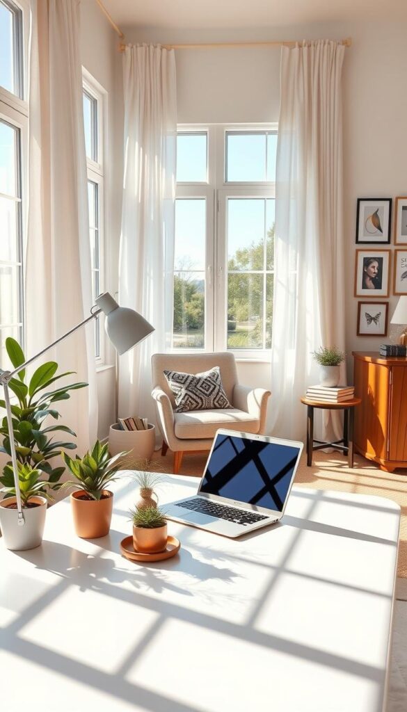 Airy and sun-drenched home office with natural light filtering through large windows. A stylish desk in the foreground, adorned with potted plants, a laptop, and a minimalist desk lamp. In the middle ground, a cozy reading nook with a plush armchair and a side table holding a stack of books. The background features breezy curtains, warm wooden accents, and a wall gallery of framed artwork. The overall atmosphere is one of serenity and productivity, perfectly suited for a productive and inspiring summer workday. Airy and sun-drenched home office with natural light filtering through large windows. A stylish desk in the foreground, adorned with potted plants, a laptop, and a minimalist desk lamp. In the middle ground, a cozy reading nook with a plush armchair and a side table holding a stack of books. The background features breezy curtains, warm wooden accents, and a wall gallery of framed artwork. The overall atmosphere is one of serenity and productivity, perfectly suited for a productive and inspiring summer workday.