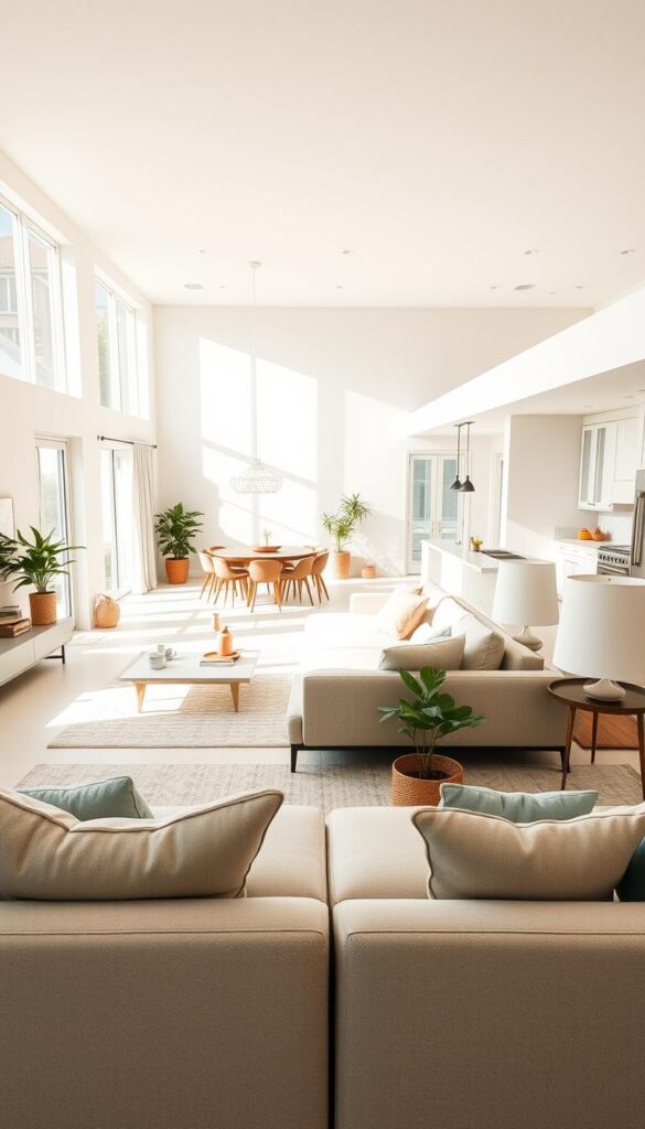 An airy, light-filled open floor plan, featuring a spacious living room with clean lines and minimalist decor. Soft natural light filters in through large windows, casting a warm glow on the harmonious blend of modern furniture and natural textures. The layout seamlessly transitions from the living area to the adjacent kitchen, creating a sense of flow and connectivity. Subtle pops of color and greenery accent the neutral color palette, adding visual interest. The absence of walls and partitions amplifies the feeling of openness and expansiveness, promoting a relaxed, social atmosphere ideal for gatherings and quality time with loved ones.
