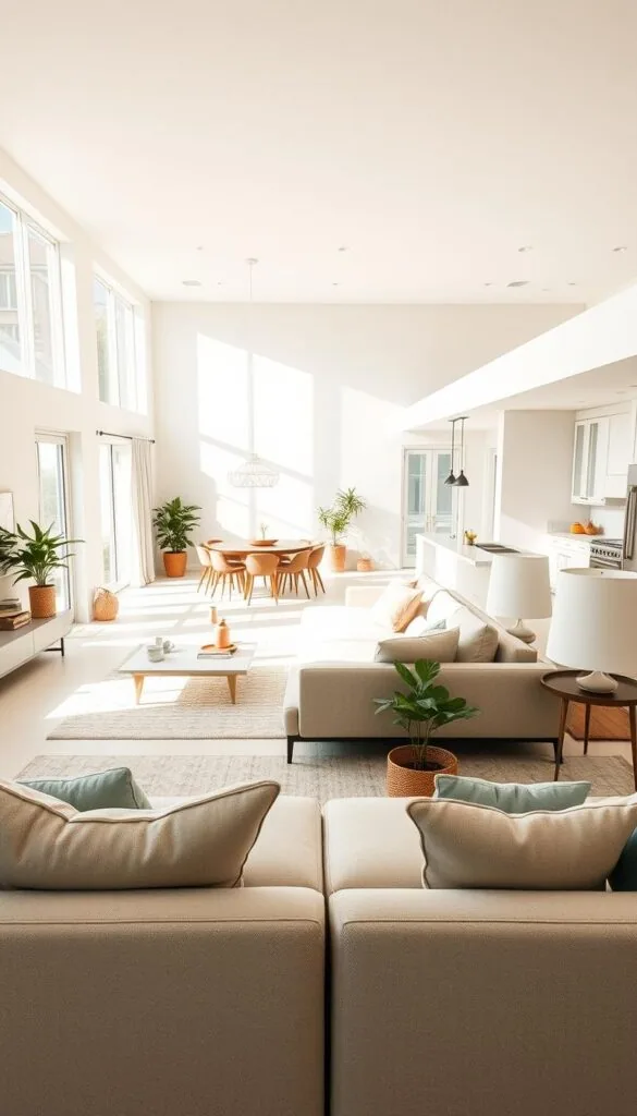 An airy, light-filled open floor plan, featuring a spacious living room with clean lines and minimalist decor. Soft natural light filters in through large windows, casting a warm glow on the harmonious blend of modern furniture and natural textures. The layout seamlessly transitions from the living area to the adjacent kitchen, creating a sense of flow and connectivity. Subtle pops of color and greenery accent the neutral color palette, adding visual interest. The absence of walls and partitions amplifies the feeling of openness and expansiveness, promoting a relaxed, social atmosphere ideal for gatherings and quality time with loved ones.
