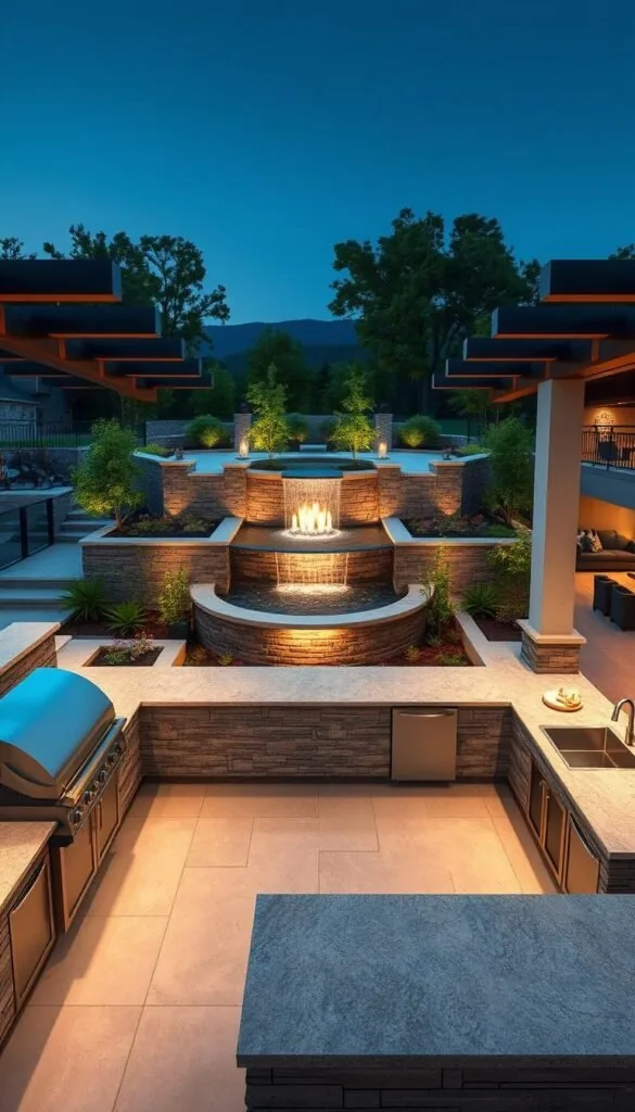 An architectural rendering of a multi-level outdoor kitchen layout, showcased in warm natural lighting. The foreground features a tiered design with various cooking stations, from a built-in grill to a spacious prep area. Sleek stone countertops and contemporary cabinetry create a cohesive, high-end aesthetic. In the middle ground, a cascading water feature and lush greenery provide a serene backdrop, blending the kitchen seamlessly into its surrounding landscape. The background reveals a panoramic view of the outdoor living space, with a sophisticated lighting setup illuminating the entire scene. The overall composition conveys a harmonious fusion of functional design and picturesque ambiance, suitable for both casual dining and lavish entertainment.