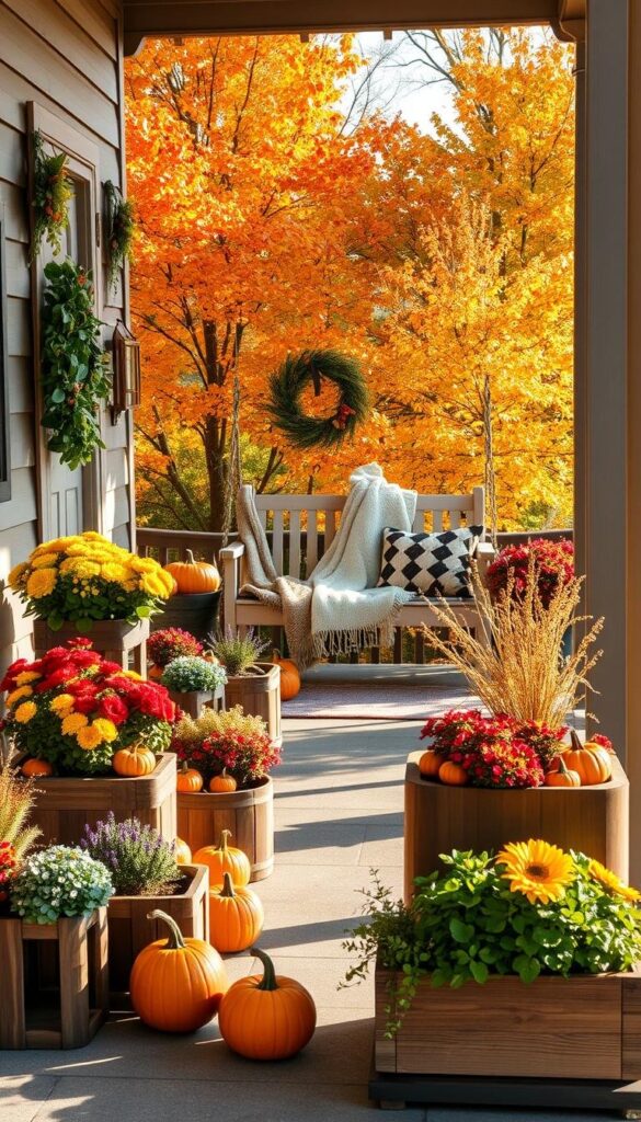 An autumnal front porch adorned with rustic DIY planters, bathed in warm afternoon light and a cozy atmosphere. In the foreground, an assortment of hand-crafted wooden planters filled with vibrant fall foliage, pumpkins, and seasonal flowers. The middle ground showcases a quaint porch swing draped in knitted throws, complemented by decorative garlands and wreaths. In the background, a neatly swept wooden porch framed by lush autumn trees, their leaves ablaze with vibrant hues of orange, red, and gold. The entire scene evokes a sense of homey comfort and the nostalgia of the harvest season. An autumnal front porch adorned with rustic DIY planters, bathed in warm afternoon light and a cozy atmosphere. In the foreground, an assortment of hand-crafted wooden planters filled with vibrant fall foliage, pumpkins, and seasonal flowers. The middle ground showcases a quaint porch swing draped in knitted throws, complemented by decorative garlands and wreaths. In the background, a neatly swept wooden porch framed by lush autumn trees, their leaves ablaze with vibrant hues of orange, red, and gold. The entire scene evokes a sense of homey comfort and the nostalgia of the harvest season.