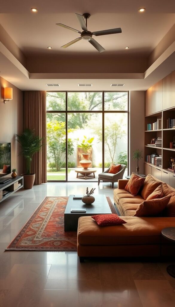 An elegant and harmonious contemporary Indian interior, bathed in warm natural light. In the foreground, a spacious living room with a plush L-shaped sofa in earthy tones, accented by vibrant textiles and decorative pieces that reflect traditional Indian craftsmanship. The middle ground features a minimalist wooden coffee table and a large window overlooking a lush, verdant courtyard. The background showcases a seamless integration of modern and classic elements, with clean-lined built-in shelving displaying a curated collection of books and artifacts. The overall atmosphere is one of understated sophistication, where timeless Indian design sensibilities seamlessly blend with a contemporary aesthetic.