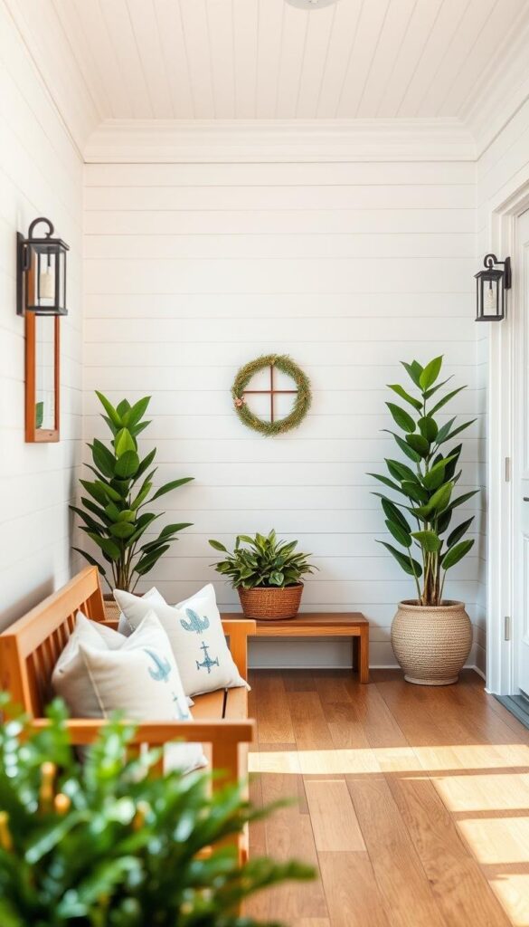 An elegant coastal entryway with a stylish wooden bench nestled in the foreground. The bench is adorned with plush ocean-inspired cushions, inviting visitors to pause and admire the serene surroundings. In the middle ground, a pair of potted plants flank the bench, their lush greenery complementing the natural wood tones. The background features a charming white-washed shiplap wall, capturing the quintessential seaside aesthetic. Soft, warm lighting casts a gentle glow, evoking a welcoming and calming atmosphere. The entire scene is captured through a wide-angle lens, emphasizing the spaciousness and inviting nature of this versatile entryway design. An elegant coastal entryway with a stylish wooden bench nestled in the foreground. The bench is adorned with plush ocean-inspired cushions, inviting visitors to pause and admire the serene surroundings. In the middle ground, a pair of potted plants flank the bench, their lush greenery complementing the natural wood tones. The background features a charming white-washed shiplap wall, capturing the quintessential seaside aesthetic. Soft, warm lighting casts a gentle glow, evoking a welcoming and calming atmosphere. The entire scene is captured through a wide-angle lens, emphasizing the spaciousness and inviting nature of this versatile entryway design.