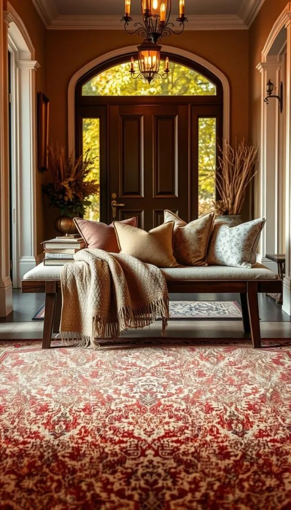 An elegant entryway in the fall, bathed in warm lighting and adorned with rich, textured fabrics. In the foreground, a plush area rug in autumnal hues anchors the space, its intricate patterns adding visual interest. Draped across a wooden bench, a cozy throw blanket in a complementary color palette invites guests to pause and admire the scene. In the middle ground, a curated arrangement of decorative pillows in earthy tones and delicate patterns creates a welcoming vignette. The background features a stately front door framed by lush greenery, hinting at the vibrant fall foliage beyond. The overall atmosphere exudes a sense of sophisticated comfort and seasonal charm.