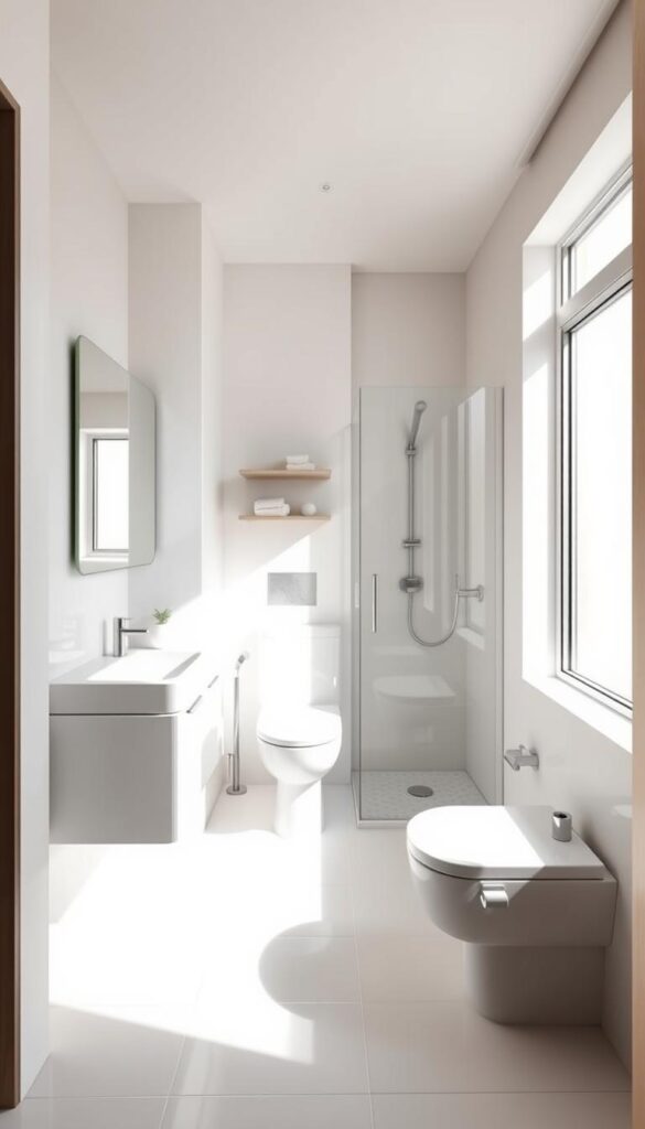 An elegant small bathroom interior, bathed in soft, natural lighting from a large window. The space is organized with minimalist, streamlined fixtures - a sleek vanity with a single sink, a wall-mounted toilet, and a compact, glass-enclosed shower. Smooth, white tiles cover the floor and walls, creating a calming, spa-like atmosphere. Carefully placed mirrors and shelving maximize the sense of openness and visual depth. Subtle, metallic accents add a touch of modern sophistication. The overall design prioritizes efficient use of space, clean lines, and a serene, relaxing ambiance.