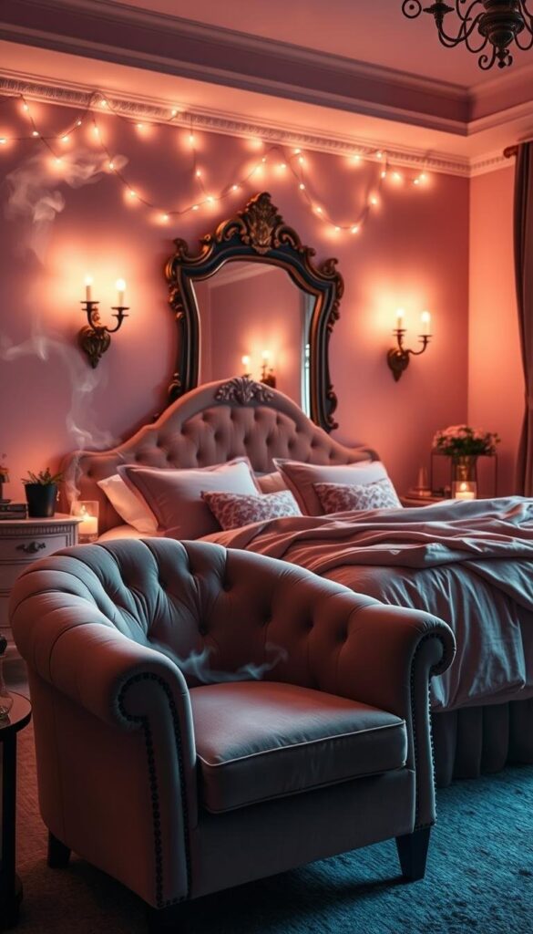 An elegantly lit dusky pink bedroom with soft, diffuse lighting illuminating the room's plush textiles and ornate decor. Delicate string lights draped along the headboard and nightstands cast a warm, romantic glow. Glowing sconces flank a large, ornate mirror, reflecting the room's cozy ambiance. A lush, tufted armchair sits in the foreground, its blush velvet upholstery complementing the muted pink walls. Wisps of smoke from a candle or incense create a hazy, atmospheric effect, enhancing the serene, contemplative mood. Subtle, high-key lighting washes over the scene, accentuating the room's luxurious, feminine aesthetic.