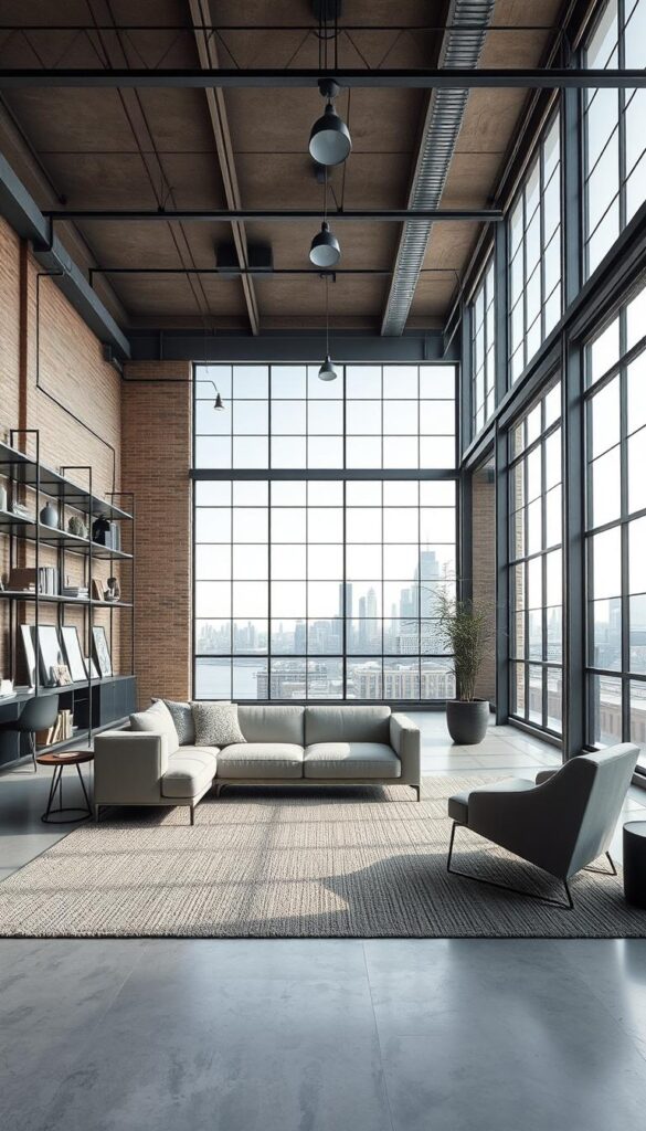 An expansive, airy industrial minimalist living room with large windows that flood the space with natural light. A sleek, low-profile sofa in muted tones takes center stage, flanked by a pair of angular armchairs. The concrete floor is offset by a large, textured area rug. Minimalist lighting fixtures cast a warm, ambient glow. The walls feature exposed brick and metal shelving displaying a curated collection of decor. A massive, metal-framed window dominates the far wall, offering a view of an urban skyline. The overall atmosphere is one of refined simplicity and understated elegance.
