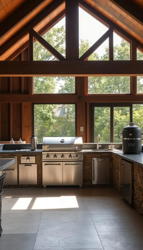 An expansive outdoor kitchen with a striking stainless steel grill as the centerpiece. The grill's sleek design and powerful burners are flanked by a raised bar-style counter, perfect for socializing while cooking. The kitchen is nestled within a rustic, wooden structure with a pitched roof, casting warm, natural light across the scene. Large sliding glass doors open to a lush, verdant backyard, seamlessly blending indoor and outdoor living. Carefully curated accessories, such as a built-in smoker and rotisserie, elevate the culinary capabilities of this exceptional outdoor kitchen, ready to host memorable grilling and entertaining experiences.