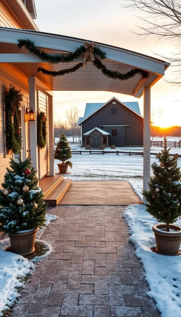 An expansive outdoor scene of a modern farmhouse during the holiday season. The foreground features a beautifully decorated front porch with garlands, wreaths, and twinkling string lights. In the middle ground, a snow-dusted pathway leads to the main entrance, flanked by potted evergreen trees adorned with ornaments. The background showcases a picturesque wintry landscape, with a distant barn silhouetted against a warm, golden sunset sky. The overall scene exudes a cozy, inviting atmosphere, blending rustic and contemporary elements seamlessly. Captured with a wide-angle lens to showcase the full grandeur of the setting, the image is bathed in soft, diffused lighting that enhances the festive mood. An expansive outdoor scene of a modern farmhouse during the holiday season. The foreground features a beautifully decorated front porch with garlands, wreaths, and twinkling string lights. In the middle ground, a snow-dusted pathway leads to the main entrance, flanked by potted evergreen trees adorned with ornaments. The background showcases a picturesque wintry landscape, with a distant barn silhouetted against a warm, golden sunset sky. The overall scene exudes a cozy, inviting atmosphere, blending rustic and contemporary elements seamlessly. Captured with a wide-angle lens to showcase the full grandeur of the setting, the image is bathed in soft, diffused lighting that enhances the festive mood.