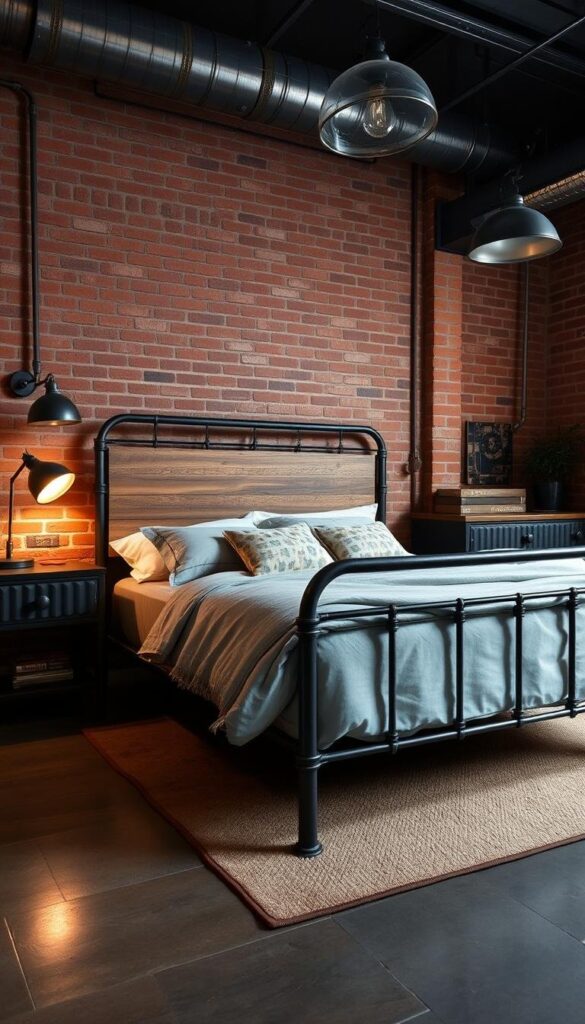 An industrial-style bedroom set featuring a metal-framed bed with a distressed wood headboard, complemented by a matching nightstand and dresser. The room has exposed brick walls, industrial-style lighting fixtures, and a mix of metal and wood furnishings, creating a unique and rustic atmosphere. The lighting is a mix of warm, soft overhead illumination and task lighting from metallic sconces, highlighting the textural elements of the space. The overall mood is one of rugged sophistication, with a focus on the juxtaposition of industrial and natural materials.