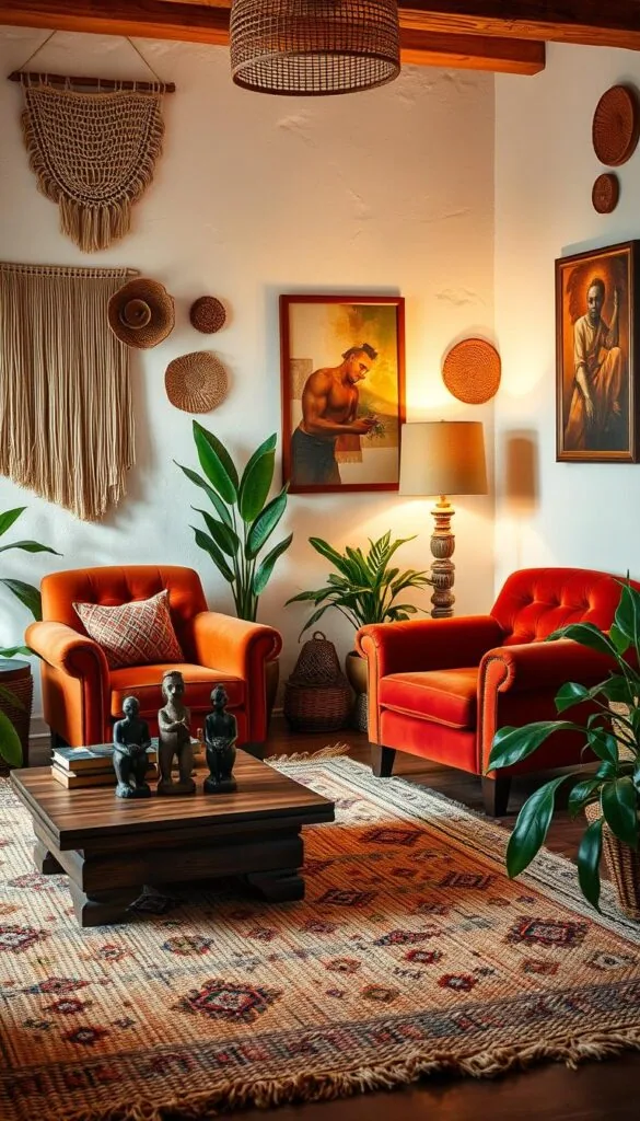 An intimate Afrohemian living room with warm lighting and natural textures. The foreground features a plush, hand-woven area rug in earthy tones, accented by a low, wooden coffee table adorned with carved African sculptures. In the middle ground, a pair of overstuffed, tufted velvet armchairs in rich, vibrant hues face each other, creating a cozy conversation nook. The background showcases whitewashed walls adorned with macrame wall hangings, woven baskets, and framed abstract art that blends African and bohemian influences. Lush potted plants and a floor lamp with a woven shade complete the harmonious, relaxed ambiance.
