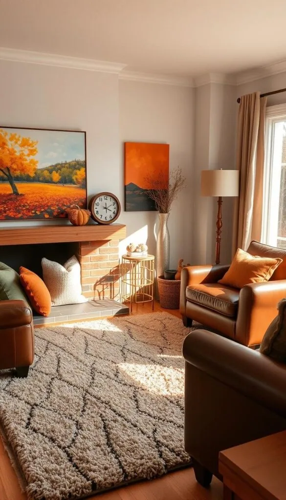 An intimate and cozy fall-inspired living room, bathed in warm, natural lighting through a large window. In the foreground, a stylish gallery wall showcases autumnal-themed art, including a vibrant landscape painting and an abstract canvas with rich ochre and rust tones. On the mantle, a rustic wooden clock and a ceramic vase filled with dried foliage create a harmonious display. The middle ground features a plush, textured area rug in earthy hues, complementing the rich leather sofa and armchair. Accent pillows in muted greens, oranges, and browns add pops of seasonal color. The background blends seamlessly with the scene, revealing a glimpse of a wooden side table and a floor lamp with a natural linen shade.