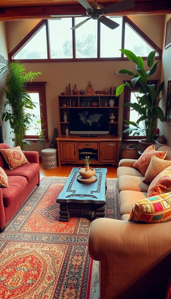 An intimate, cozy living room with a distinctive ethnic flair. Warm, earthy tones and natural textures create a welcoming ambiance. In the foreground, a plush, jewel-toned sofa is adorned with vibrant patterned throw pillows. Intricate woven rugs cover the hardwood floor, leading the eye to a sturdy, carved wooden coffee table. The middle ground features a striking, handcrafted wooden entertainment unit, adorned with eclectic trinkets and ceramics. In the background, large windows let in soft, diffused natural light, illuminating the space. Lush, verdant potted plants add pops of greenery, complementing the overall ethnic aesthetic. The scene evokes a sense of cultural richness and comforting homeliness.