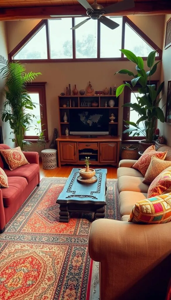 An intimate, cozy living room with a distinctive ethnic flair. Warm, earthy tones and natural textures create a welcoming ambiance. In the foreground, a plush, jewel-toned sofa is adorned with vibrant patterned throw pillows. Intricate woven rugs cover the hardwood floor, leading the eye to a sturdy, carved wooden coffee table. The middle ground features a striking, handcrafted wooden entertainment unit, adorned with eclectic trinkets and ceramics. In the background, large windows let in soft, diffused natural light, illuminating the space. Lush, verdant potted plants add pops of greenery, complementing the overall ethnic aesthetic. The scene evokes a sense of cultural richness and comforting homeliness.
