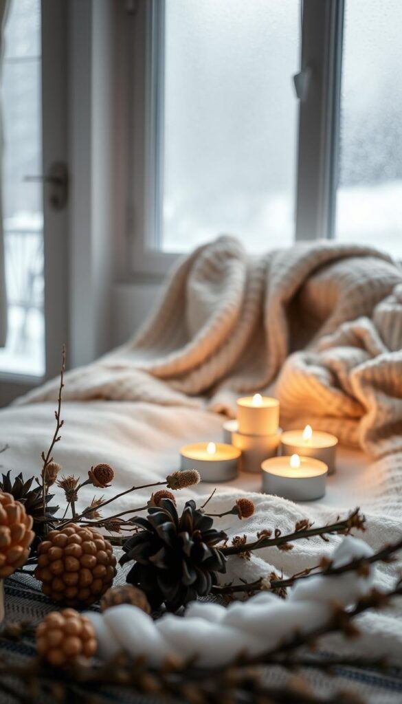 An intimate winter scene, bathed in a warm, soft light. In the foreground, a collection of natural, sustainable decorations - pinecones, dried botanicals, and a handcrafted wooden ornament. In the middle ground, a cozy knit blanket and a cluster of tealight candles, their flames flickering gently. In the background, a large, frosted window overlooks a snowy landscape, hinting at the beauty of the natural world outside. The overall atmosphere is one of understated elegance, inviting the viewer to embrace a more mindful, eco-conscious approach to winter home decor. An intimate winter scene, bathed in a warm, soft light. In the foreground, a collection of natural, sustainable decorations - pinecones, dried botanicals, and a handcrafted wooden ornament. In the middle ground, a cozy knit blanket and a cluster of tealight candles, their flames flickering gently. In the background, a large, frosted window overlooks a snowy landscape, hinting at the beauty of the natural world outside. The overall atmosphere is one of understated elegance, inviting the viewer to embrace a more mindful, eco-conscious approach to winter home decor.