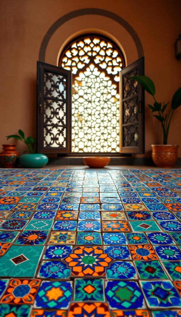 An intricate mosaic of vibrant Moroccan tiles adorns the foreground, showcasing a stunning array of geometric patterns in rich hues of cobalt blue, emerald green, and warm ochre. The tiles are meticulously arranged, creating a captivating and visually striking composition. In the middle ground, a soft, diffused light filters through ornate latticed windows, casting subtle shadows and highlighting the depth and texture of the tiles. The background features muted, earthy tones of stucco walls, complementing the vibrant tiles and creating a harmonious, inviting atmosphere reminiscent of the vibrant Moroccan aesthetic. The overall scene exudes a sense of timeless elegance and cultural authenticity, perfectly encapsulating the essence of Moroccan home decor. An intricate mosaic of vibrant Moroccan tiles adorns the foreground, showcasing a stunning array of geometric patterns in rich hues of cobalt blue, emerald green, and warm ochre. The tiles are meticulously arranged, creating a captivating and visually striking composition. In the middle ground, a soft, diffused light filters through ornate latticed windows, casting subtle shadows and highlighting the depth and texture of the tiles. The background features muted, earthy tones of stucco walls, complementing the vibrant tiles and creating a harmonious, inviting atmosphere reminiscent of the vibrant Moroccan aesthetic. The overall scene exudes a sense of timeless elegance and cultural authenticity, perfectly encapsulating the essence of Moroccan home decor.