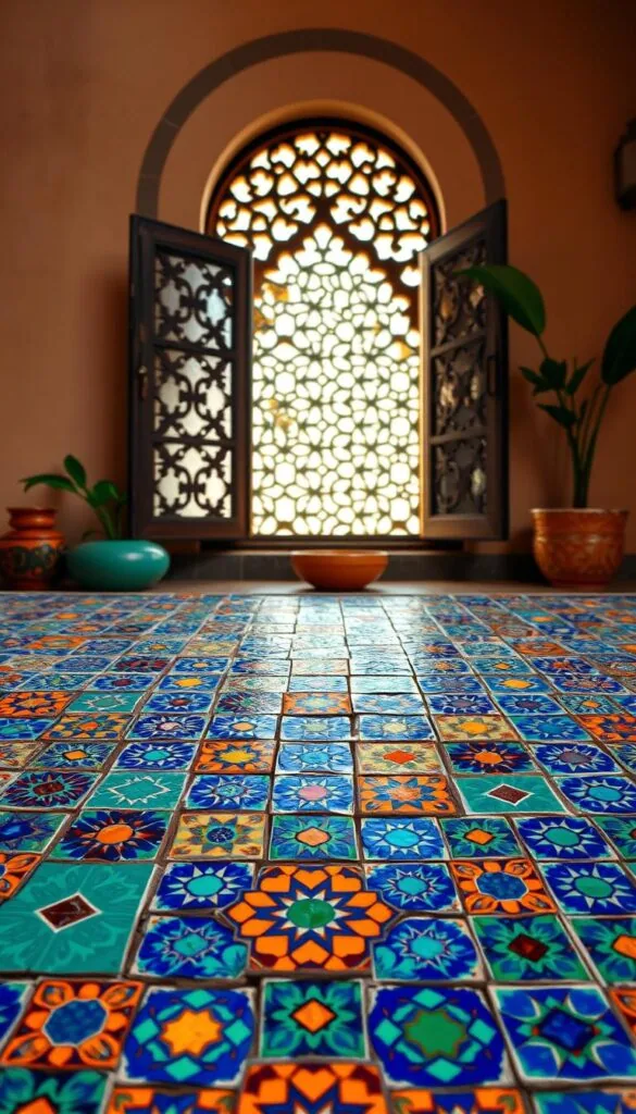 An intricate mosaic of vibrant Moroccan tiles adorns the foreground, showcasing a stunning array of geometric patterns in rich hues of cobalt blue, emerald green, and warm ochre. The tiles are meticulously arranged, creating a captivating and visually striking composition. In the middle ground, a soft, diffused light filters through ornate latticed windows, casting subtle shadows and highlighting the depth and texture of the tiles. The background features muted, earthy tones of stucco walls, complementing the vibrant tiles and creating a harmonious, inviting atmosphere reminiscent of the vibrant Moroccan aesthetic. The overall scene exudes a sense of timeless elegance and cultural authenticity, perfectly encapsulating the essence of Moroccan home decor. An intricate mosaic of vibrant Moroccan tiles adorns the foreground, showcasing a stunning array of geometric patterns in rich hues of cobalt blue, emerald green, and warm ochre. The tiles are meticulously arranged, creating a captivating and visually striking composition. In the middle ground, a soft, diffused light filters through ornate latticed windows, casting subtle shadows and highlighting the depth and texture of the tiles. The background features muted, earthy tones of stucco walls, complementing the vibrant tiles and creating a harmonious, inviting atmosphere reminiscent of the vibrant Moroccan aesthetic. The overall scene exudes a sense of timeless elegance and cultural authenticity, perfectly encapsulating the essence of Moroccan home decor.