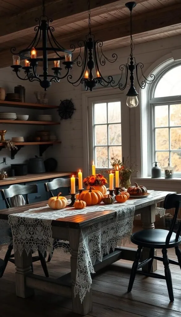 An inviting farmhouse kitchen decked out in spooky Halloween decor. A weathered wooden table is adorned with a lace tablecloth, ceramic pumpkins, and taper candles casting a warm, amber glow. Delicate spider web patterns cling to the window panes, framing a scenic autumn landscape beyond. Ornate iron chandeliers hang overhead, illuminating rustic wood beams and whitewashed shiplap walls. Vintage cookware and serveware are displayed on open shelves, complemented by sprigs of dried florals and blackened metal accents. The overall mood is cozy, charming, and slightly eerie, evoking the spirit of an intimate, old-world Halloween celebration.