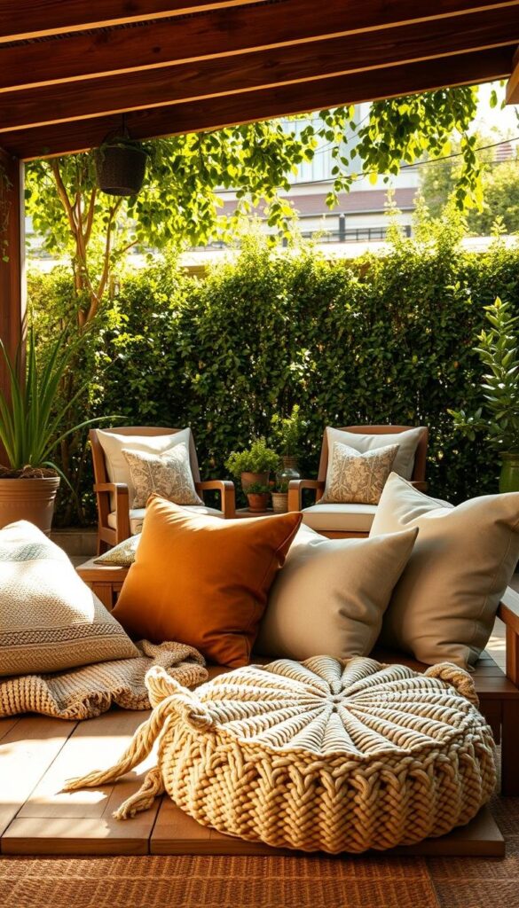 An inviting outdoor living space, bathed in warm afternoon sunlight. In the foreground, an assortment of cozy textiles - plush throw pillows, a soft woven blanket, and a knitted floor pouf - arranged artfully on a weathered wooden bench. The middle ground features a pair of comfortable armchairs, their cushions upholstered in a muted, earthy-toned fabric that complements the natural wood frame. Behind, a backdrop of lush greenery - potted plants, trailing vines, and a verdant hedge - creates a serene, sheltered ambiance. The overall scene evokes a welcoming, intimate atmosphere, perfect for leisurely summer afternoons. An inviting outdoor living space, bathed in warm afternoon sunlight. In the foreground, an assortment of cozy textiles - plush throw pillows, a soft woven blanket, and a knitted floor pouf - arranged artfully on a weathered wooden bench. The middle ground features a pair of comfortable armchairs, their cushions upholstered in a muted, earthy-toned fabric that complements the natural wood frame. Behind, a backdrop of lush greenery - potted plants, trailing vines, and a verdant hedge - creates a serene, sheltered ambiance. The overall scene evokes a welcoming, intimate atmosphere, perfect for leisurely summer afternoons.