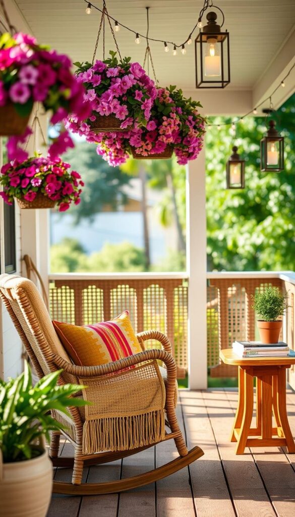 An inviting summer porch, adorned with charming decor that effortlessly blends form and function. In the foreground, a wicker rocking chair draped with a plush, colorful throw cushion beckons visitors to sit and unwind. Hanging baskets overflow with cascading flowers, their vibrant hues casting a warm glow. The middle ground features a sturdy wooden side table, its surface adorned with a potted plant and a stack of magazines, hinting at moments of leisure. Strung overhead, delicate string lights cast a soft, ambient illumination, creating a cozy, intimate atmosphere. In the background, the porch's woven railing is accented with decorative lanterns, casting dancing shadows on the weathered wooden boards underfoot. This harmonious ensemble of practical and decorative elements invites visitors to linger and savor the charm of the summer porch. An inviting summer porch, adorned with charming decor that effortlessly blends form and function. In the foreground, a wicker rocking chair draped with a plush, colorful throw cushion beckons visitors to sit and unwind. Hanging baskets overflow with cascading flowers, their vibrant hues casting a warm glow. The middle ground features a sturdy wooden side table, its surface adorned with a potted plant and a stack of magazines, hinting at moments of leisure. Strung overhead, delicate string lights cast a soft, ambient illumination, creating a cozy, intimate atmosphere. In the background, the porch's woven railing is accented with decorative lanterns, casting dancing shadows on the weathered wooden boards underfoot. This harmonious ensemble of practical and decorative elements invites visitors to linger and savor the charm of the summer porch.