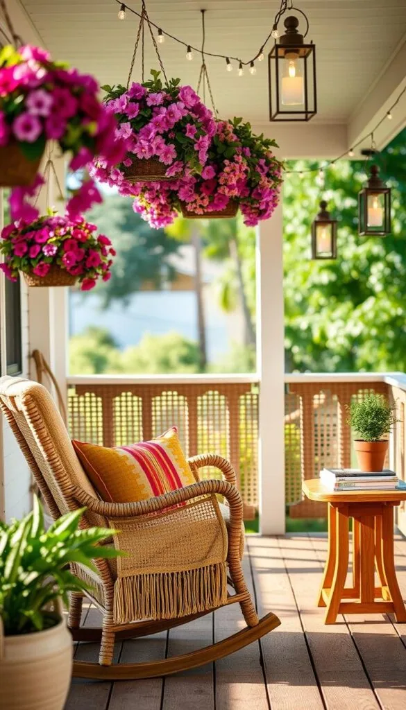 An inviting summer porch, adorned with charming decor that effortlessly blends form and function. In the foreground, a wicker rocking chair draped with a plush, colorful throw cushion beckons visitors to sit and unwind. Hanging baskets overflow with cascading flowers, their vibrant hues casting a warm glow. The middle ground features a sturdy wooden side table, its surface adorned with a potted plant and a stack of magazines, hinting at moments of leisure. Strung overhead, delicate string lights cast a soft, ambient illumination, creating a cozy, intimate atmosphere. In the background, the porch's woven railing is accented with decorative lanterns, casting dancing shadows on the weathered wooden boards underfoot. This harmonious ensemble of practical and decorative elements invites visitors to linger and savor the charm of the summer porch. An inviting summer porch, adorned with charming decor that effortlessly blends form and function. In the foreground, a wicker rocking chair draped with a plush, colorful throw cushion beckons visitors to sit and unwind. Hanging baskets overflow with cascading flowers, their vibrant hues casting a warm glow. The middle ground features a sturdy wooden side table, its surface adorned with a potted plant and a stack of magazines, hinting at moments of leisure. Strung overhead, delicate string lights cast a soft, ambient illumination, creating a cozy, intimate atmosphere. In the background, the porch's woven railing is accented with decorative lanterns, casting dancing shadows on the weathered wooden boards underfoot. This harmonious ensemble of practical and decorative elements invites visitors to linger and savor the charm of the summer porch.