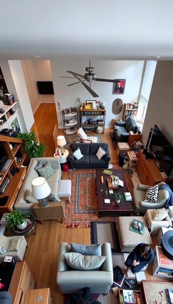 An open living room with a cluttered and disorganized layout. Furniture is placed haphazardly, creating a cramped and chaotic atmosphere. Lack of focal points, with no clear division between conversation and dining areas. Poor lighting, with dark corners and uneven illumination. Mismatched and clashing decor elements, creating a visually overwhelming space. Insufficient storage and display solutions, leading to an accumulation of clutter. Narrow walkways and obstructed pathways, compromising the flow and functionality of the room. A cautionary tale of common design pitfalls to avoid in open living room planning.